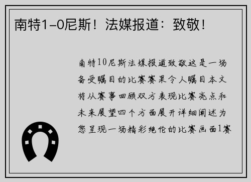 南特1-0尼斯！法媒报道：致敬！